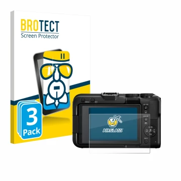 Front side of a product packaging with the brand logo BROTECT. Next to it is the device Canon EOS R50 V shown with the corresp
