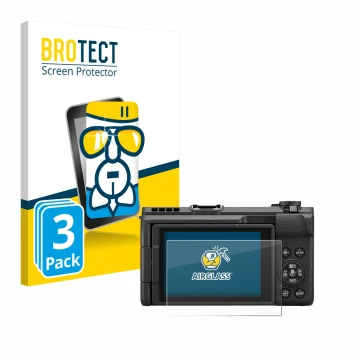 Front side of a product packaging with the brand logo BROTECT. Next to it is the device Canon PowerShot V1 shown with the corr