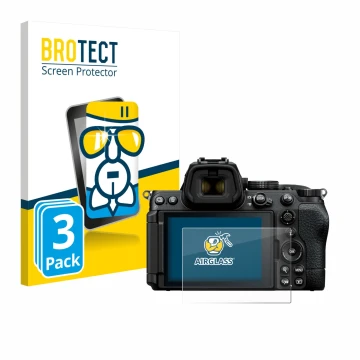 Front side of a product packaging with the brand logo BROTECT. Next to it is the device Nikon Z5 II shown with the correspondi