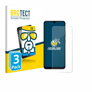 Front side of a product packaging with the brand logo BROTECT. Next to it is the device Xiaomi Redmi A5 shown with the corresp