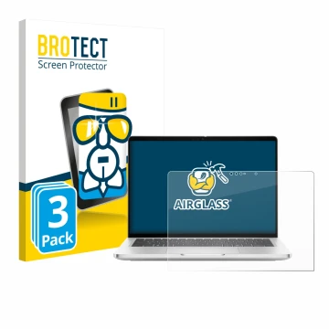 Front side of a product packaging with the brand logo BROTECT. Next to it is the device Dell Pro 13 Plus 2-in-1 shown with the