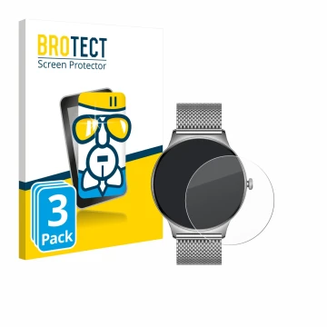 Front side of a product packaging with the brand logo BROTECT. Next to it is the device Pireware Slim Smartwatch shown with th
