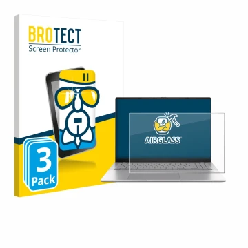 Front side of a product packaging with the brand logo BROTECT. Next to it is the device ASUS Vivobook S16 S3607 shown with the