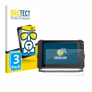 Front side of a product packaging with the brand logo BROTECT. Next to it is the device Lowrance Elite FS 10 shown with the co