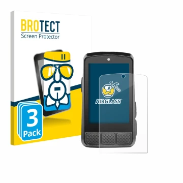 Front side of a product packaging with the brand logo BROTECT. Next to it is the device Wahoo Elemnt Bolt 3 shown with the cor