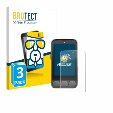 Front side of a product packaging with the brand logo BROTECT. Next to it is the device Wahoo Elemnt Roam 3 shown with the cor