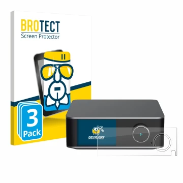 Front side of a product packaging with the brand logo BROTECT. Next to it is the device WiiM Ultra shown with the correspondin