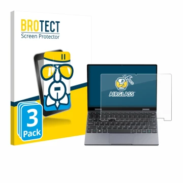 Front side of a product packaging with the brand logo BROTECT. Next to it is the device Chuwi MiniBook X N150 shown with the c