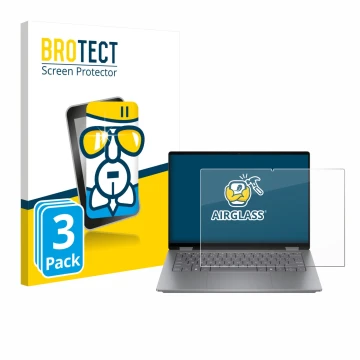 Front side of a product packaging with the brand logo BROTECT. Next to it is the device HP OmniBook X Flip 14 shown with the c