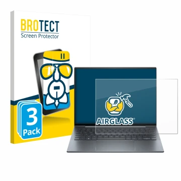 Front side of a product packaging with the brand logo BROTECT. Next to it is the device HP Dragonfly 13.5