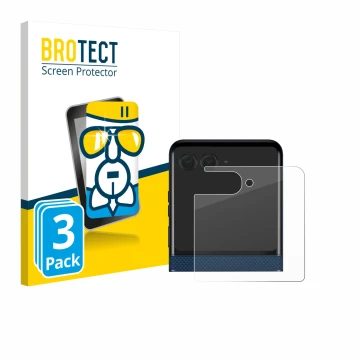 Front side of a product packaging with the brand logo BROTECT. Next to it is the device Motorola Razr 60 (Back display) shown 