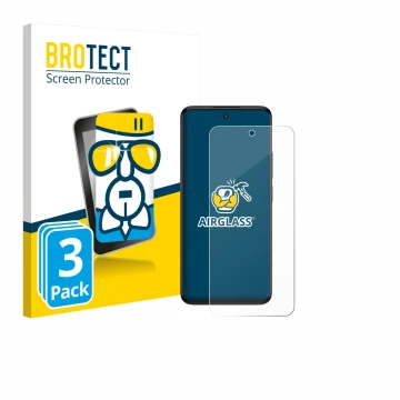 Front side of a product packaging with the brand logo BROTECT. Next to it is the device TCL SE NxtPaper 5G shown with the corr