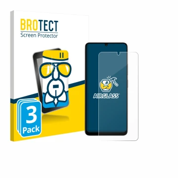 Front side of a product packaging with the brand logo BROTECT. Next to it is the device Doogee Note 59 Pro shown with the corr