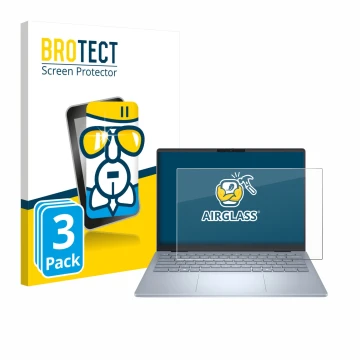 Front side of a product packaging with the brand logo BROTECT. Next to it is the device Dell 14 Plus Laptop shown with the cor