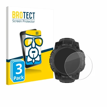 Front side of a product packaging with the brand logo BROTECT. Next to it is the device Garmin Instinct 3 Solar Tactical Editi