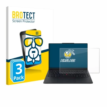 Front side of a product packaging with the brand logo BROTECT. Next to it is the device Lenovo ThinkPad E14 Gen 7 shown with t