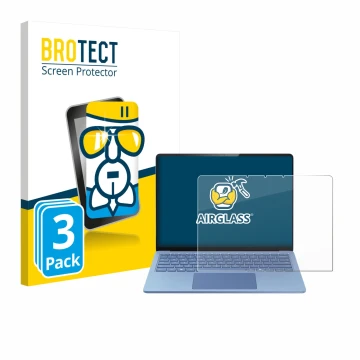 Front side of a product packaging with the brand logo BROTECT. Next to it is the device Microsoft Surface Laptop 13.8