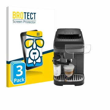 Front side of a product packaging with the brand logo BROTECT. Next to it is the device DeLonghi Magnifica Evo shown with the 
