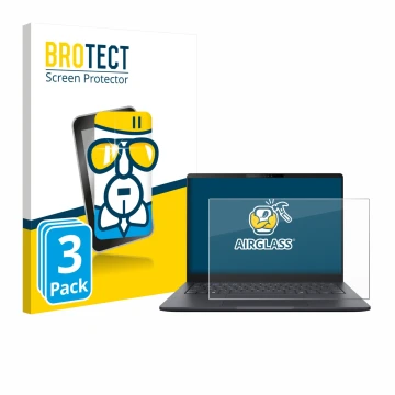 Front side of a product packaging with the brand logo BROTECT. Next to it is the device ASUS ExpertBook B3 B3405 shown with th