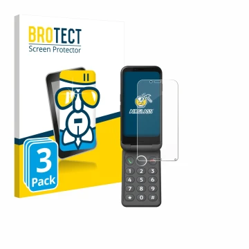 Front side of a product packaging with the brand logo BROTECT. Next to it is the device Doro Aurora A20 shown with the corresp