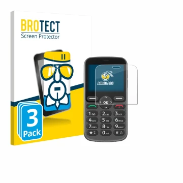 Front side of a product packaging with the brand logo BROTECT. Next to it is the device Doro 1380 shown with the corresponding