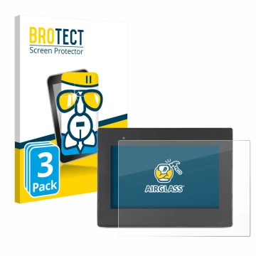 Front side of a product packaging with the brand logo BROTECT. Next to it is the device Weintek cMT2078x shown with the corres