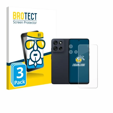Front side of a product packaging with the brand logo BROTECT. Next to it is the device Motorola Moto G56 (Front+Camera) shown