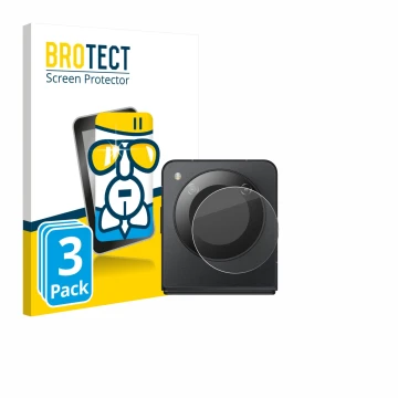 Front side of a product packaging with the brand logo BROTECT. Next to it is the device Nubia Flip 5G (ONLY Camera) shown with