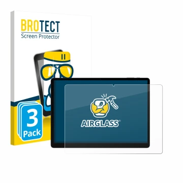 Front side of a product packaging with the brand logo BROTECT. Next to it is the device Doogee Tab E3 Max 14 shown with the co