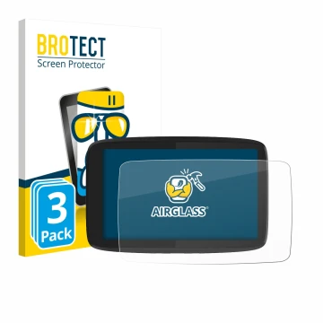 Front side of a product packaging with the brand logo BROTECT. Next to it is the device TomTom GO Camper Tour shown with the c