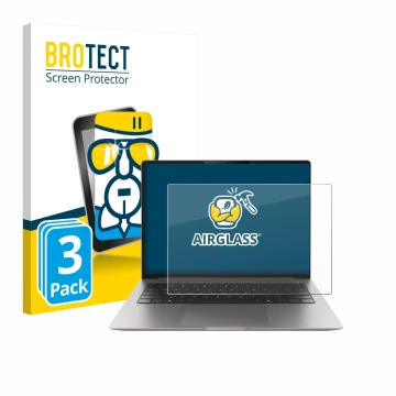 Front side of a product packaging with the brand logo BROTECT. Next to it is the device Honor MagicBook Pro 14 shown with the 