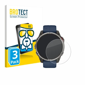 Front side of a product packaging with the brand logo BROTECT. Next to it is the device Garmin quatix 8 (47 mm) shown with the