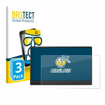 Front side of a product packaging with the brand logo BROTECT. Next to it is the device ASUS ZenScreen MB166C shown with the c