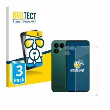 Front side of a product packaging with the brand logo BROTECT. Next to it is the device Fairphone 6 (Front+Camera) shown with 