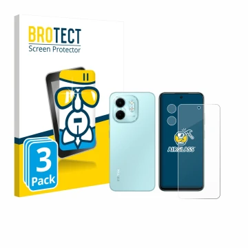 Front side of a product packaging with the brand logo BROTECT. Next to it is the device Infinix Smart 9 (Front+Camera) shown w
