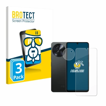Front side of a product packaging with the brand logo BROTECT. Next to it is the device Doogee Note 59 Pro Plus (Front+Camera)