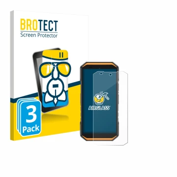 Front side of a product packaging with the brand logo BROTECT. Next to it is the device Ulefone Armor X32 Pro shown with the c