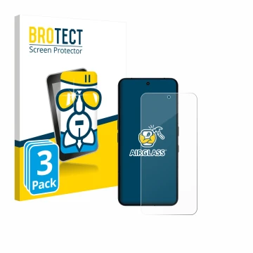 Front side of a product packaging with the brand logo BROTECT. Next to it is the device Nothing Phone (3) shown with the corre