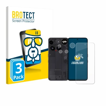 Front side of a product packaging with the brand logo BROTECT. Next to it is the device Nothing Phone (3) (Front+Camera) shown