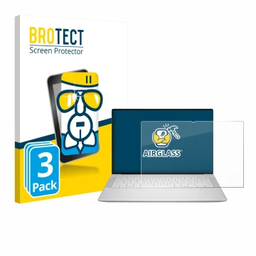 Front side of a product packaging with the brand logo BROTECT. Next to it is the device Dell 14 Premium Laptop shown with the 