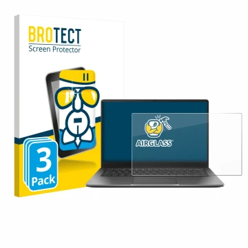 Front side of a product packaging with the brand logo BROTECT. Next to it is the device ASUS Chromebook Plus CX14 shown with t