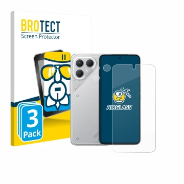 Front side of a product packaging with the brand logo BROTECT. Next to it is the device Tecno Pova 7 Pro (Front+Camera) shown 