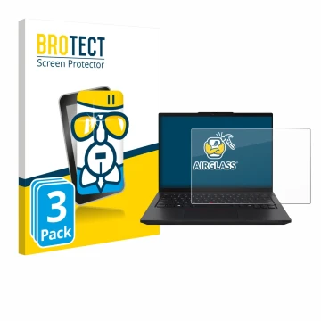 Front side of a product packaging with the brand logo BROTECT. Next to it is the device Lenovo ThinkPad L14 Gen 6 shown with t