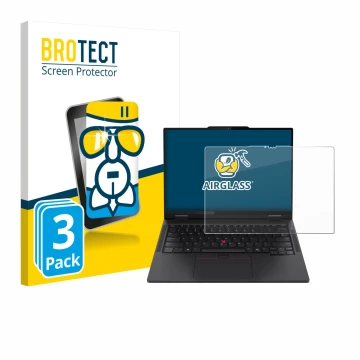 Front side of a product packaging with the brand logo BROTECT. Next to it is the device Lenovo ThinkPad T14s 2-in-1 shown with