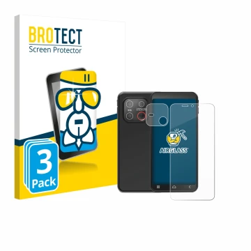 Front side of a product packaging with the brand logo BROTECT. Next to it is the device Emporia Smart ME7 (Front+Camera) shown