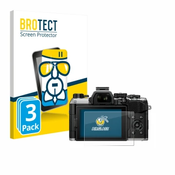 Front side of a product packaging with the brand logo BROTECT. Next to it is the device Olympus OM System OM-5 Mark II shown w