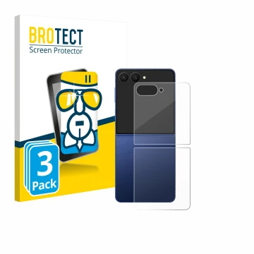 Front side of a product packaging with the brand logo BROTECT. Next to it is the device Samsung Galaxy Z Flip 7 (Back) shown w