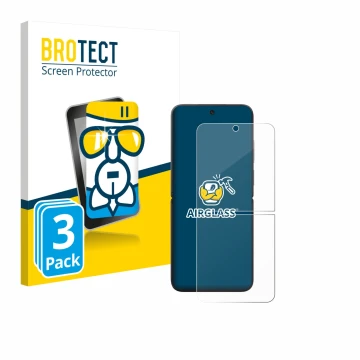 Front side of a product packaging with the brand logo BROTECT. Next to it is the device Xiaomi MIX Flip shown with the corresp