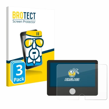 Front side of a product packaging with the brand logo BROTECT. Next to it is the device Dynavin D9-DCX Plus Flex - C shown wit