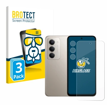 Front side of a product packaging with the brand logo BROTECT. Next to it is the device Xiaomi Redmi 15 (Front+Camera) shown w